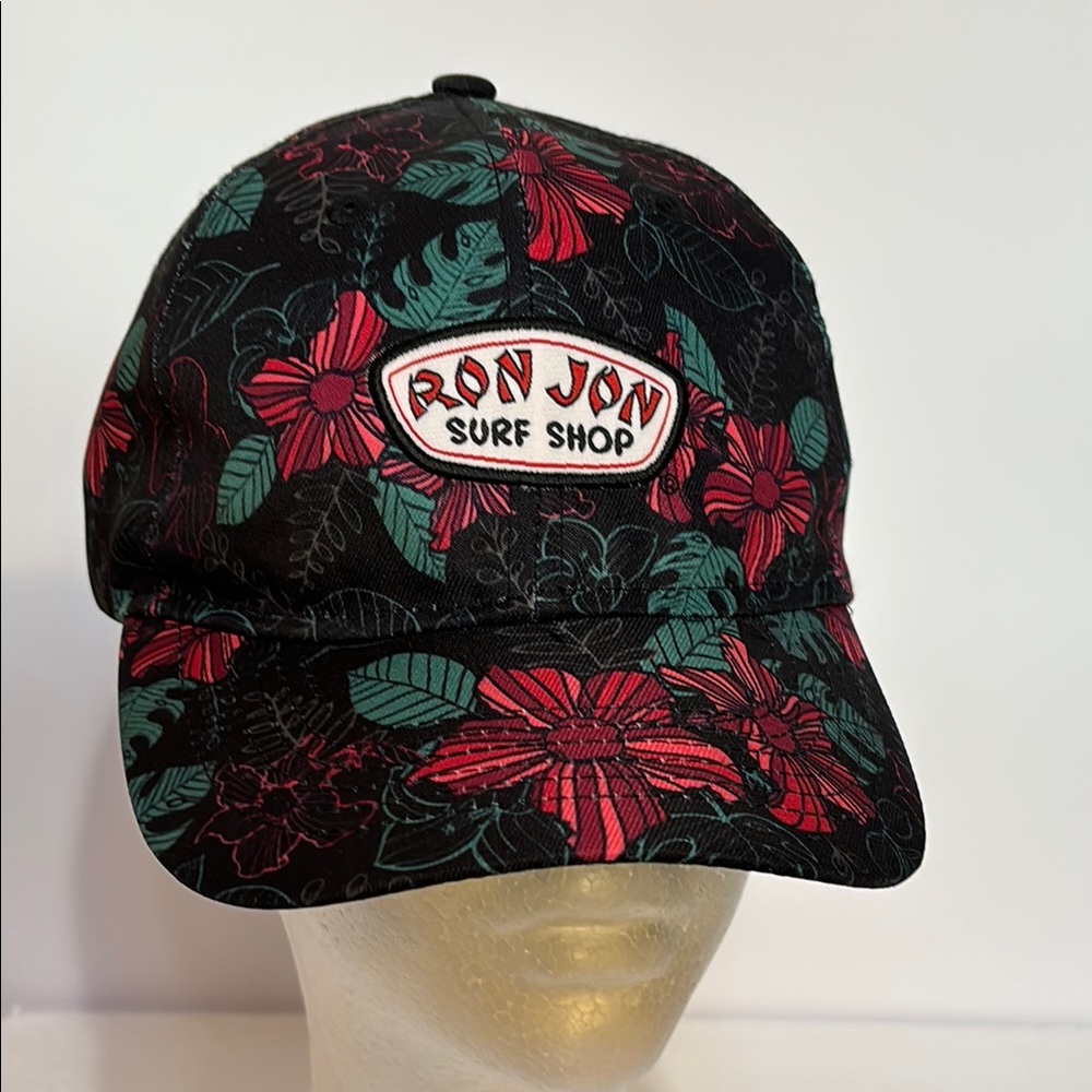 Ron Jon surf shop Floral Hawaiian Black baseball Hat Cap Velcro adj  Resortwear
